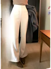 シンプルなハイウエスト厚手ベルボトムパンツ【冬用・女性・スリムに見せるデザイン・ドレープ感】