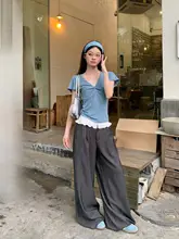 深灰色フリル付きワイドパンツ【夏用・フィット・スリム効果】