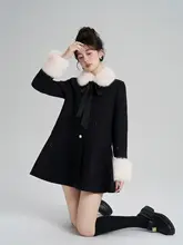 フランス風 ブラックウールコート【冬用・厚手・毛襟付き・中長丈】
