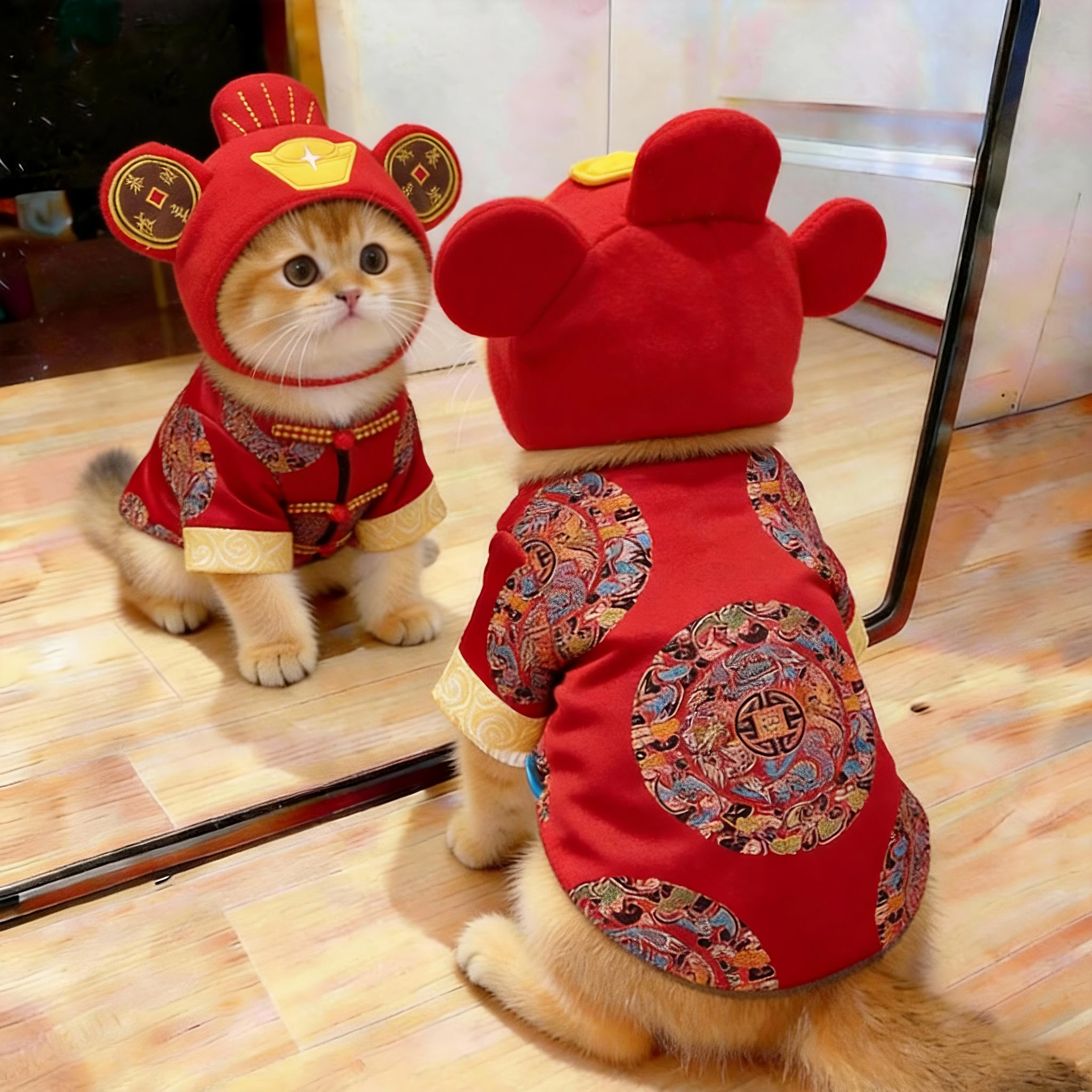 加厚唐装ペット服：子供と暮らす短毛猫に最適な冬用保暖ファッション