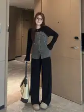 南国風デザインの大きいサイズ女性用デニムトップス【春秋用・ゆったり  フィット・スリム効果】とハイウエストカジュアルパンツ（セットアップ対応）