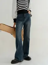 ハイウエスト微フレアデニムパンツ【レディース・春秋・ストレート・ゆったり・ロングレングス】