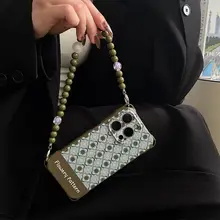 レトログリーン柄 スマートフォンケース【iPhone対応・ショルダータイプ・紫緑のチェーン付き】