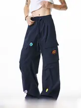 ユニセックス 春秋用ワイドフィット花柄刺繍カーゴパンツ【スタイル・クールなデザイン】（セットアップ対応）