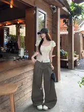 レトロデザインのウエストシェイプ半袖シャツ【女性用・ハイウエスト・カジュアルパンツ・ワイドレッグ】（セットアップ対応）