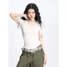 SHIYIYUE VネックレディースTシャツ【短袖・スリムフィット・夏用】