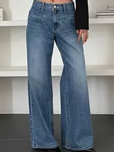 高腰デニムパンツ【ウォッシュ加工・フェイクポケット・レトロデザイン・ワイドレッグ】