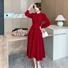 洗練されたデザインの秋季用中華風ワンピース【酒紅色・ウエストシェイプ・宴会用】