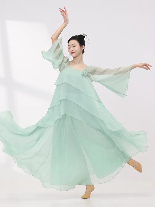 女性用古典舞踊衣装【中国風・緑色・軽やかなシフォン素材・演出用上着】