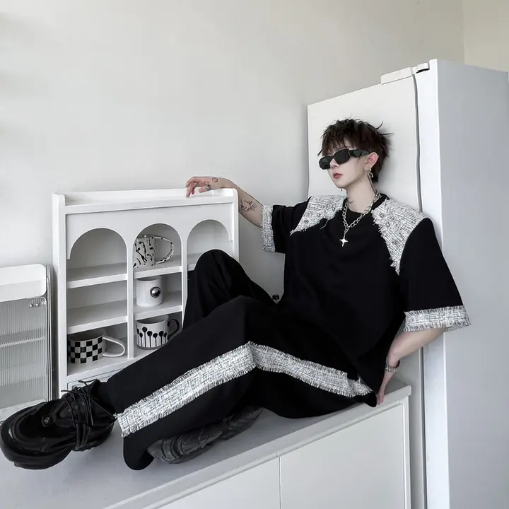 夏季の高級感ある短袖シャツ【フリンジ・毛羽立ちデザイン・ワイドパンツ】（セットアップ対応）