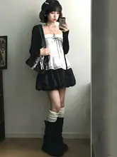 オールシーズン対応！黒色ケーキデザインのハイウエストスカートパンツ【体型カバー・小柄向け・安心設計】（セットアップ対応）