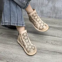 真皮製の平底手作りラウンドトゥサイドジップメッシュブーツ【女性用・通気性あり】