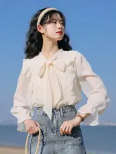 高級感あふれる ショルダーリボンデザインのシフォンブラウス【長袖・女性用】