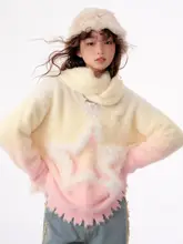 ziziFei 秋冬用 アメリカンビンテージスタイル ニットセーター【ピンク＆イエロー グラデーション・Vネック・星柄】