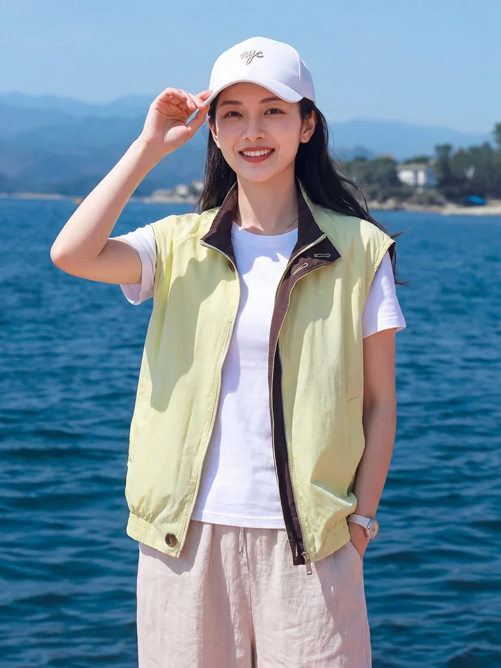 ピンクの純綿リバーシブル立襟ベスト【女性用・夏用・シンプルデザイン】