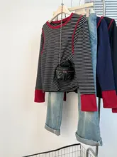 ツートンカラーのストライプコットン長袖Tシャツ【大きいサイズ・女性用・シンプルデザイン】（セットアップ対応）