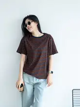 ストライプ柄 レディース 半袖Tシャツ【ラウンドネック・クラスティックデザイン・ゆったりフィット】