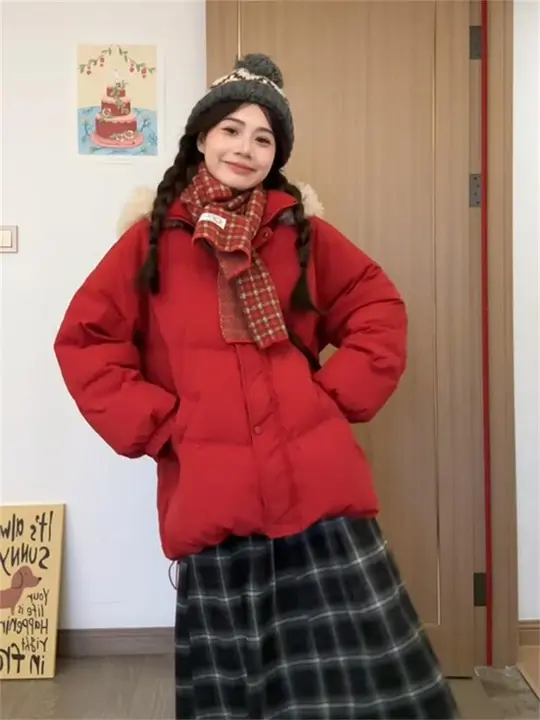 フード付き 大毛領の厚手コットンコート【クリスマスレッド・学生向け・暖かい】