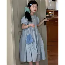 ワンピース キッズ ガールズ パフスリーブ Aライン ウエストマーク ロング丈 韓流 甘め フレンチ風 ブルー 夏