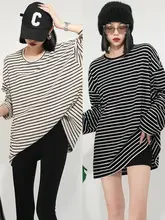 円形フリースのゆったりとした韓国風長袖Tシャツ【春秋用・ストライプデザイン・重ね着対応】