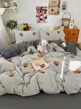 ブルーリボン付きクマデザインの水洗いコットン寝具4点セット【学生用・シングルベッド用】（セットアップ対応）