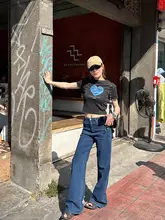 レディース ヴィンテージ風デニムパンツ【ブルー・ワイドフィット・ストレート】（セットアップ対応）