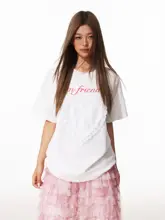レースハートプリントのラウンドネック半袖Tシャツ【夏用・フィット】