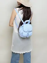 ミニリュック ガールズ 韓流 ブルーホワイトチェック柄 ギャザー 刺繍 ダブルポケット 手提げ ガーリー