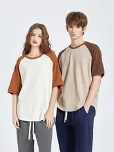 快適な着心地のカラーブロックワッフル生地の半袖Tシャツ【ゆったりシルエット・五分袖】