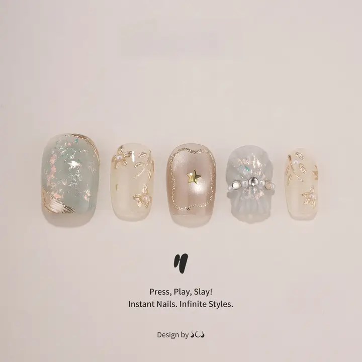 プレスネイル ハンドメイド ショート 上品 クリア 立体フラワー パール