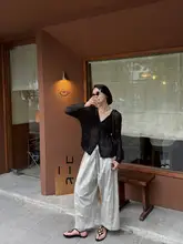 高弾力の透け感ある長袖カーディガン【ストライプ模様・シンプルデザイン・ダブルボタン】