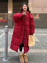 大きいサイズ レディース ロングダウンコート【赤・膝下丈・フード付き・冬用・厚手】