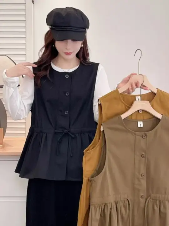 エレガントなデザインのラウンドネックノースリーブトップス【ウエスト絞り・大きいサイズ・秋用】（セットアップ対応）