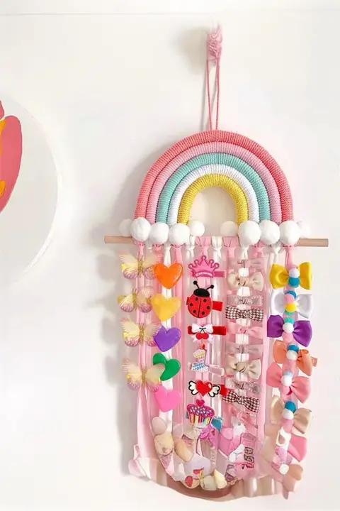 カラフルな虹の飾り付きヘアクリップ収納ラック【子供部屋用・ヘアアクセサリー整理・展示ラック】