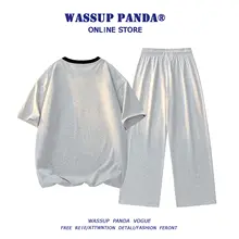 セットアップ 2点セット メンズ カラーブロック スポーツカジュアル 半袖Tシャツ ロングパンツ 夏 「WASSUP PANDA」