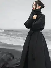 デザイン性のあるブラックロングコットンコート【ゆったりしたスタンドカラー】