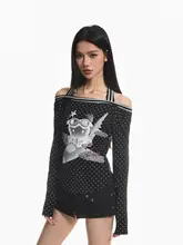 レトロプリントドット柄 オフショルダー長袖Tシャツ【春用・スリムフィット】