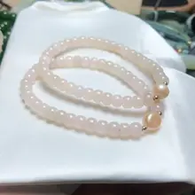天然和田玉藕粉ブレスレット【パール付き・シングルループ】