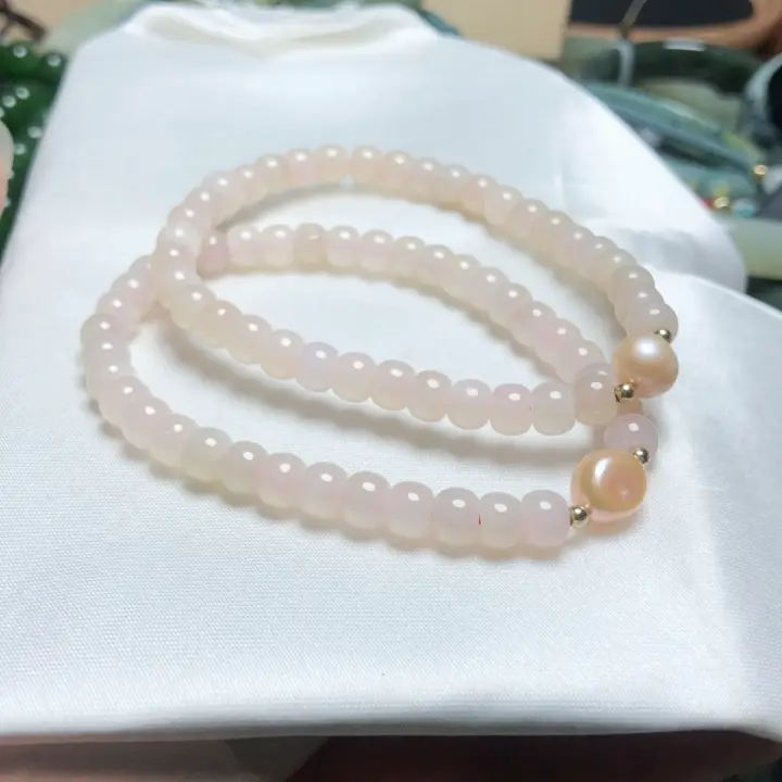 天然和田玉藕粉ブレスレット【パール付き・シングルループ】