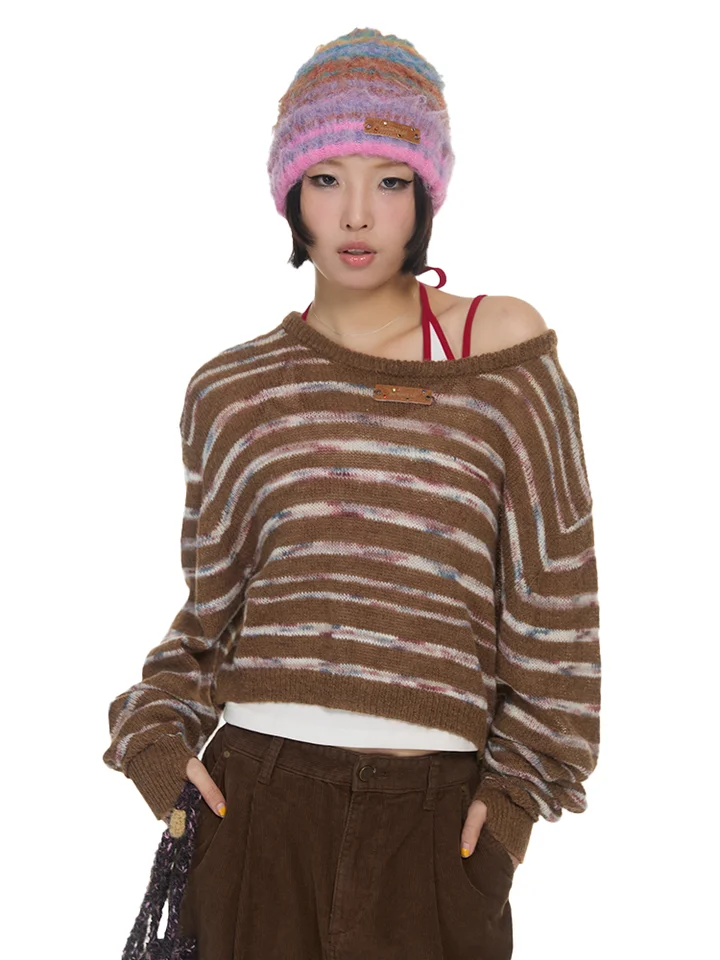 ビビッドカラーのストライプセーター【大きめシルエット・ラウンドネック・秋冬用】