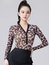 ラテンダンスウェア 大人用 セクシーVネックヒョウ柄 モダンダンストップス【国標トレーニング用】