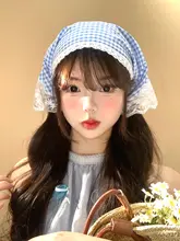 格子デザインのレースエッジヘアスカーフ【春夏用・ビーチ撮影・ヘアバンド】