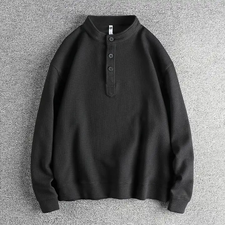 アメリカンスタイルのリバイバルデザイン 厚手ワッフルニット ヘンリーネック長袖Tシャツ