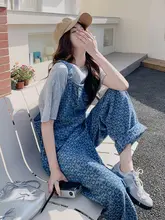街頭風レトロデニムオーバーオール【ハートプリント・フィット・夏用】（セットアップ対応）