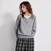 ニット トップス レディース パッチワーク フェイクレイヤード クルーネック Vネック 二重衿 秋