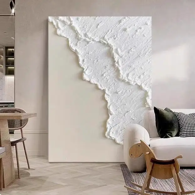 手描き油絵 フランス風ホワイト3D装飾画：抽象デザインが空間を豊かにするインテリア絵画