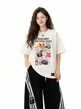 夏用大きいサイズの肩出しデザインTシャツ【趣味的なプリント・ゆったりシルエット・細見え効果】（セットアップ対応）