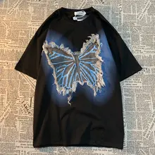 デニムフリンジのアメリカンヴィンテージ蝶柄パッチデザイン 半袖Tシャツ【ゆったりフィット・カジュアルスタイル】