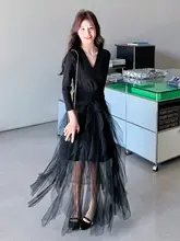 ロングニットワンピース レディース チュール切り替え ブラック インナー きれいめ 春 秋