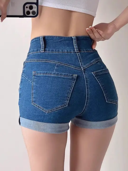 夏用ハイウエストデニムショートパンツ【小柄向け・ストレッチ・ロールアップデザイン】（セットアップ対応）